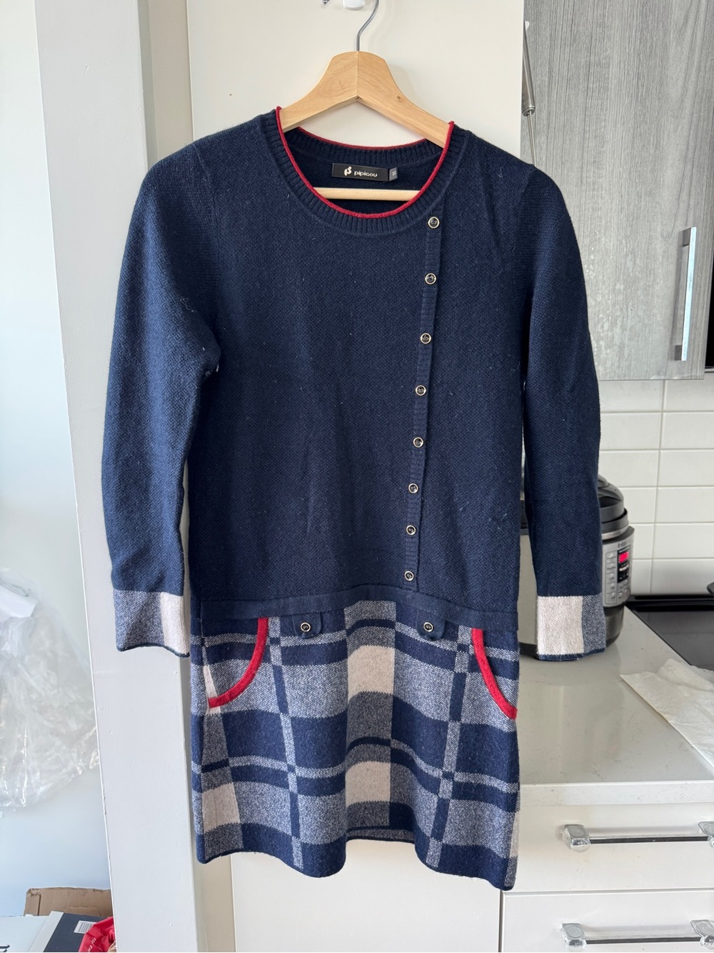 Navy Plaid Knit Kids Dress with Red Trim